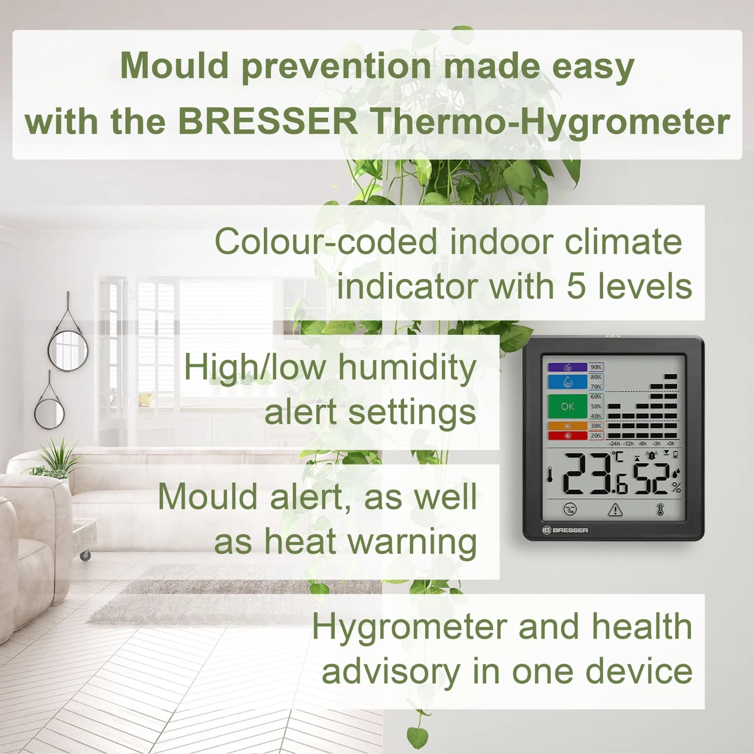 Bresser Thermo-Hygrometer mit Schimmelalarm, schwarzes Gehäuse, Anzeige von Temperatur und Luftfeuchtigkeit.