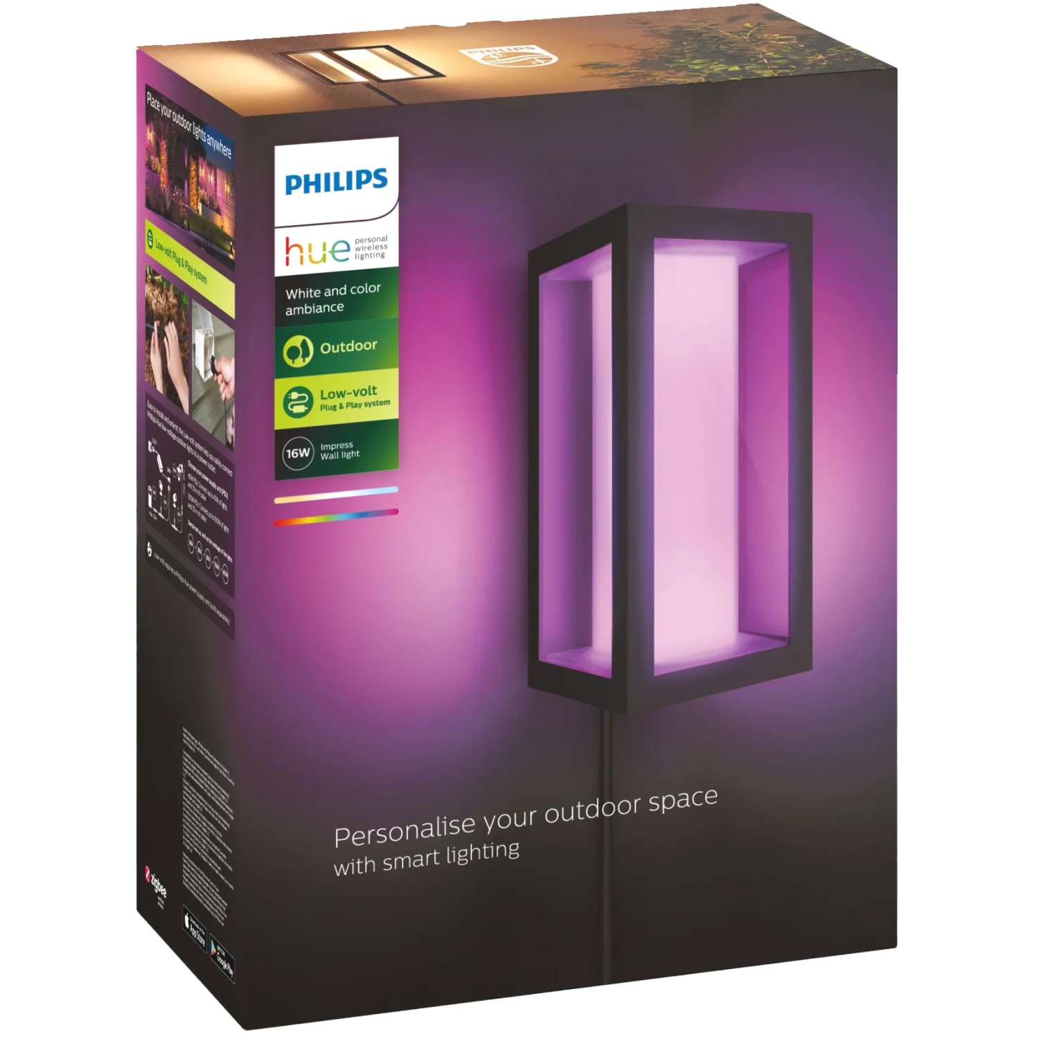 Verpackung der Philips Hue Wandleuchte Impress, schwarzer Rahmen, farbiges Licht.