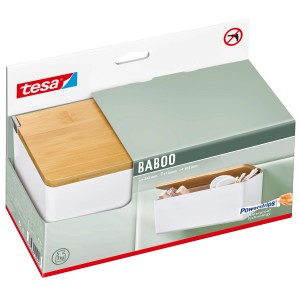 Tesa Baboo Aufbewahrungsbox Medium, weiß mit Bambusdeckel, zur Wandmontage im Bad.