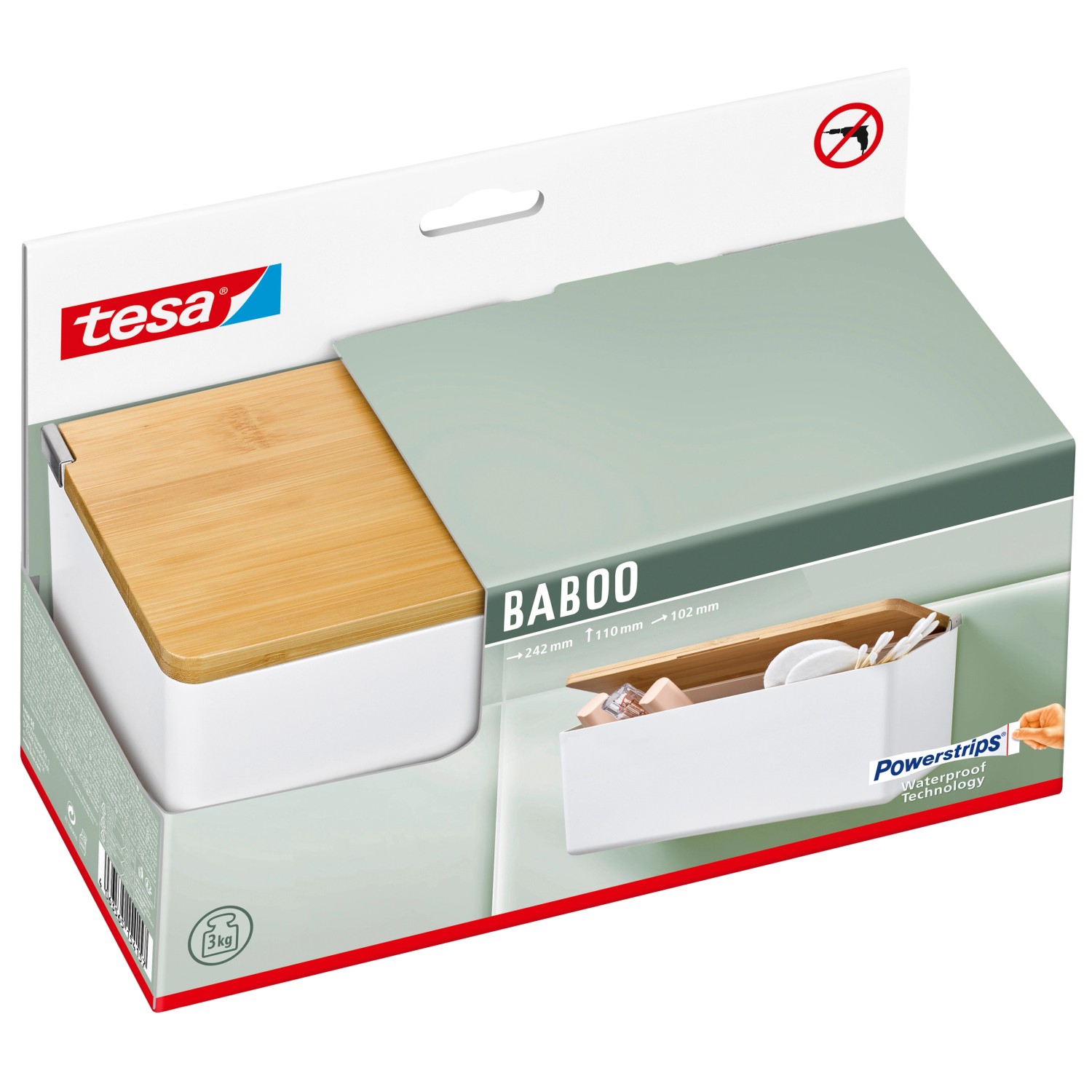 Tesa Baboo Aufbewahrungsbox Medium, weiß mit Bambusdeckel, zur Wandmontage im Bad.