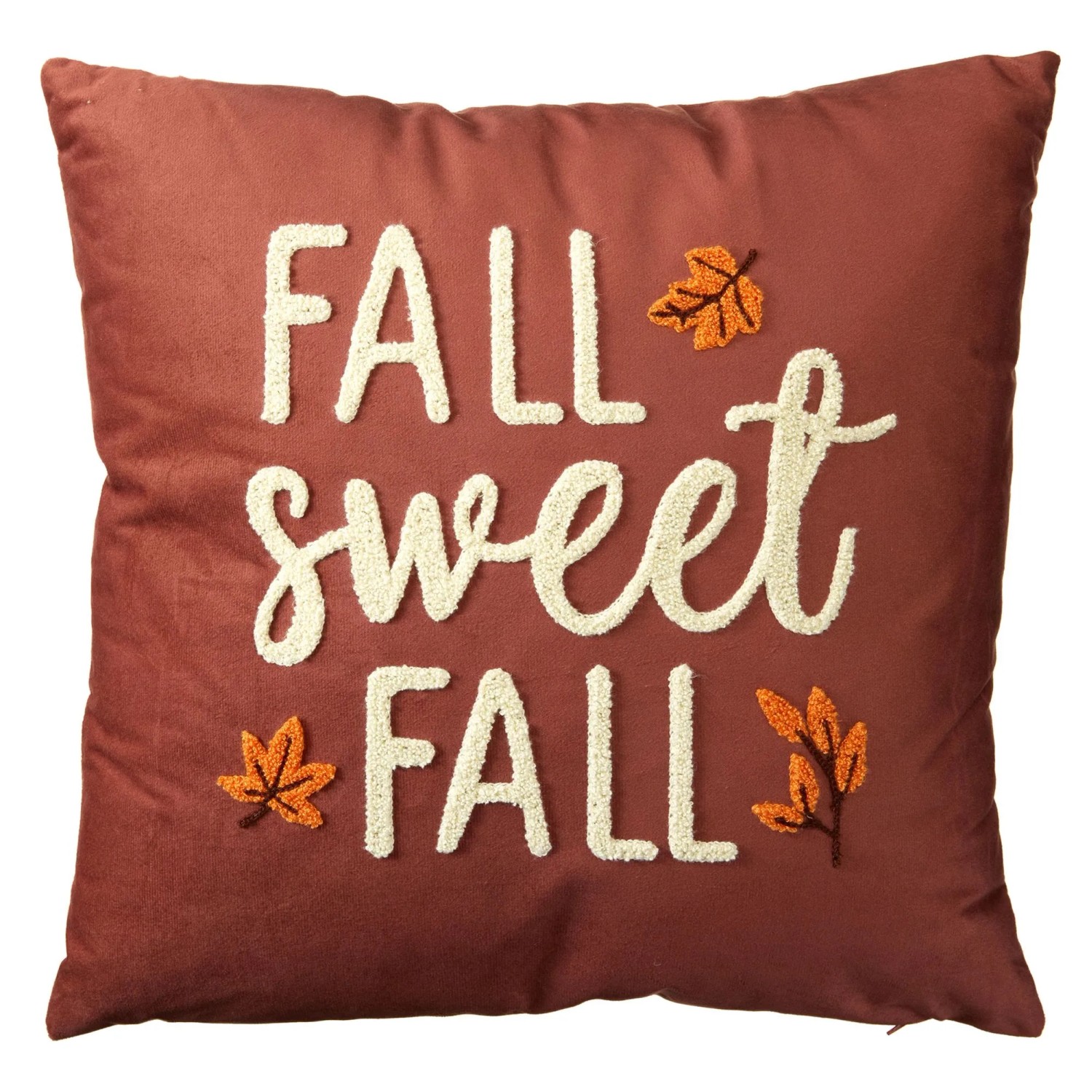 Dunkelorange Samt-Kissen 45x45 cm mit gesticktem "FALL sweet FALL" Schriftzug und Herbstblättern.