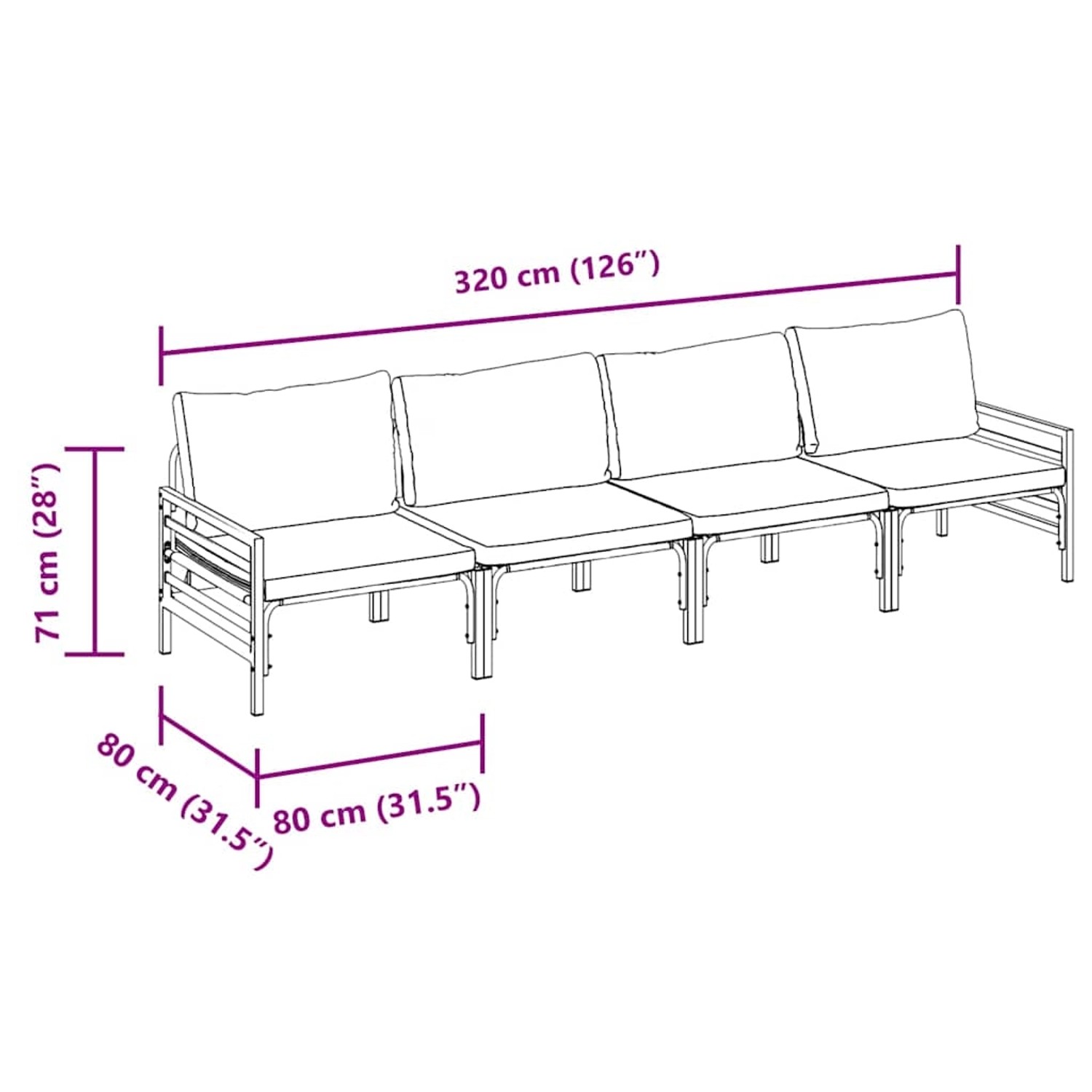 vidaXL Garten-Sofa-Set, 4-teilig, anthrazitfarben, Stahl, mit Maßangaben.
