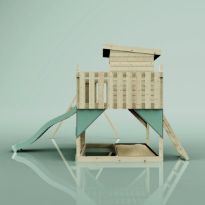 PolarPlay Spielturm Björn mit Rutsche, Schaukel und Sandkasten, mintgrün.