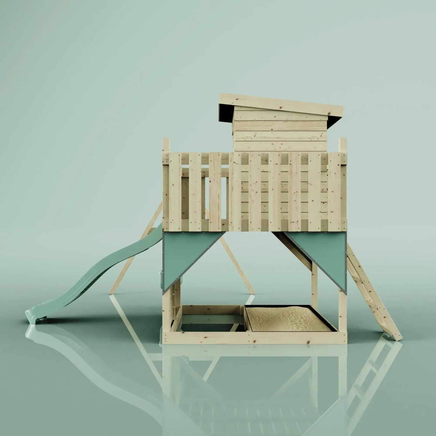 PolarPlay Spielturm Björn mit Rutsche, Schaukel und Sandkasten, mintgrün.