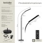 Skizze der schwarzen Tectake Stehlampe Prisma mit Maßen und Fernbedienung.
