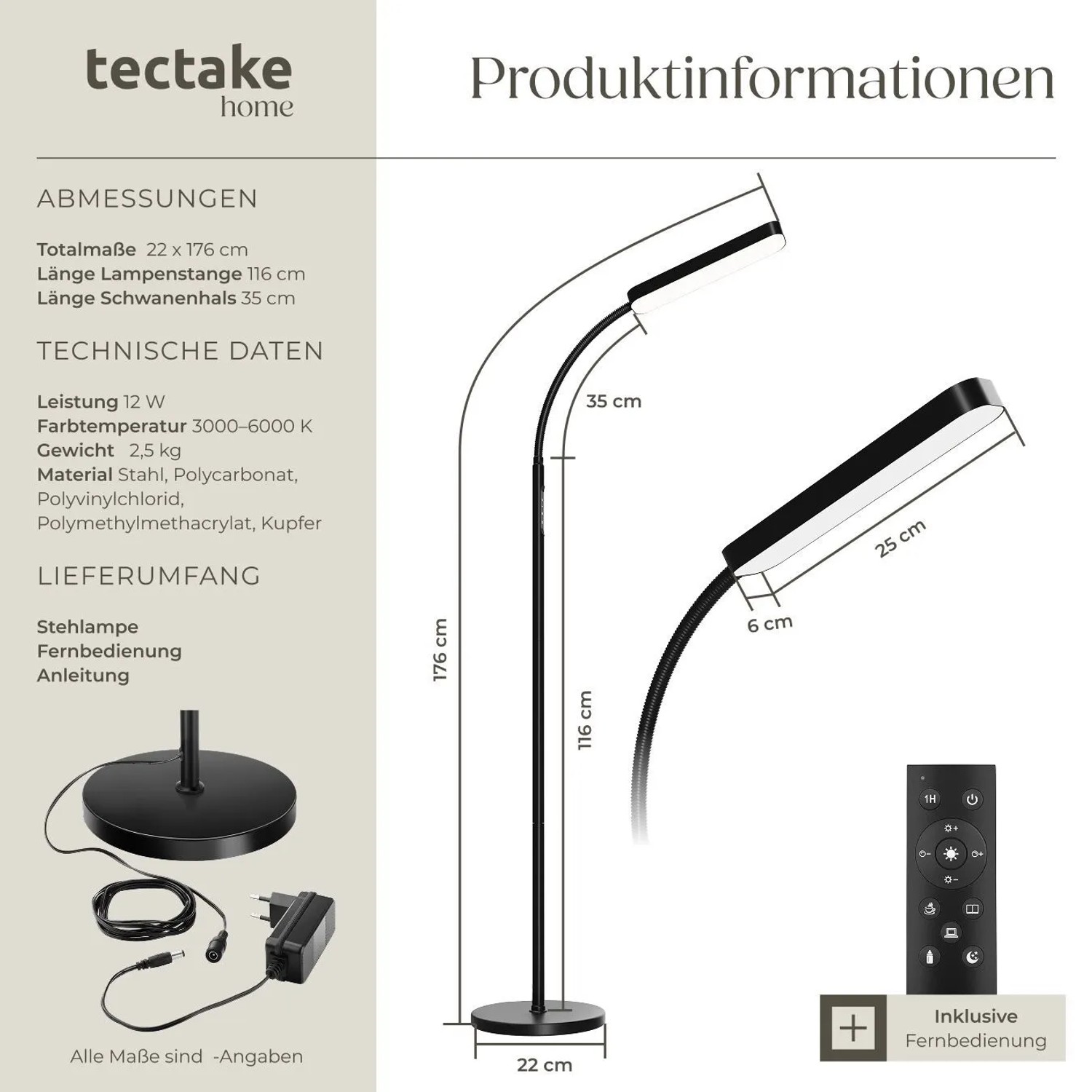 Skizze der schwarzen Tectake Stehlampe Prisma mit Maßen und Fernbedienung.