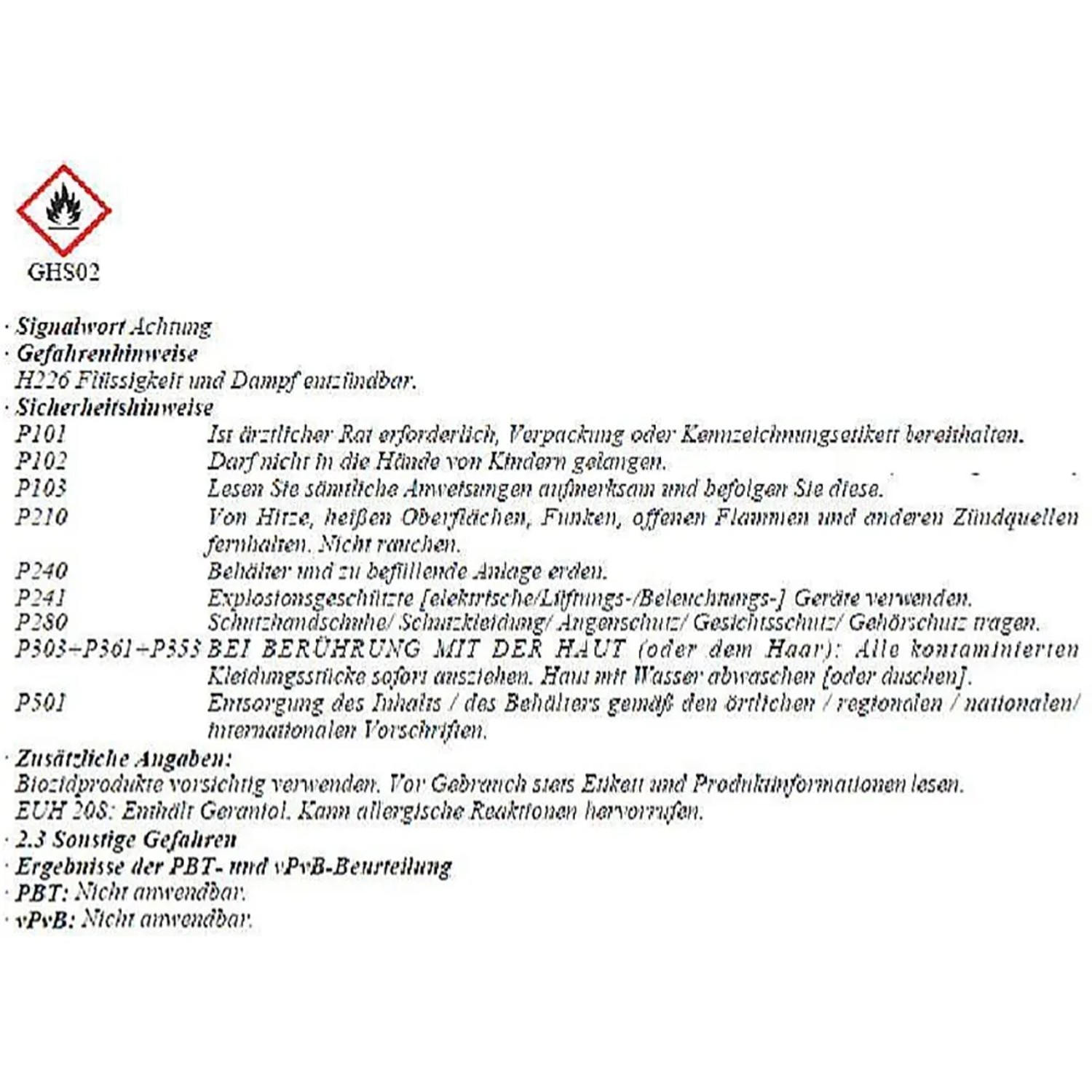 GHS02 Gefahrensymbol: Entzündbares Produkt. Sicherheits- und Gefahrenhinweise beachten.