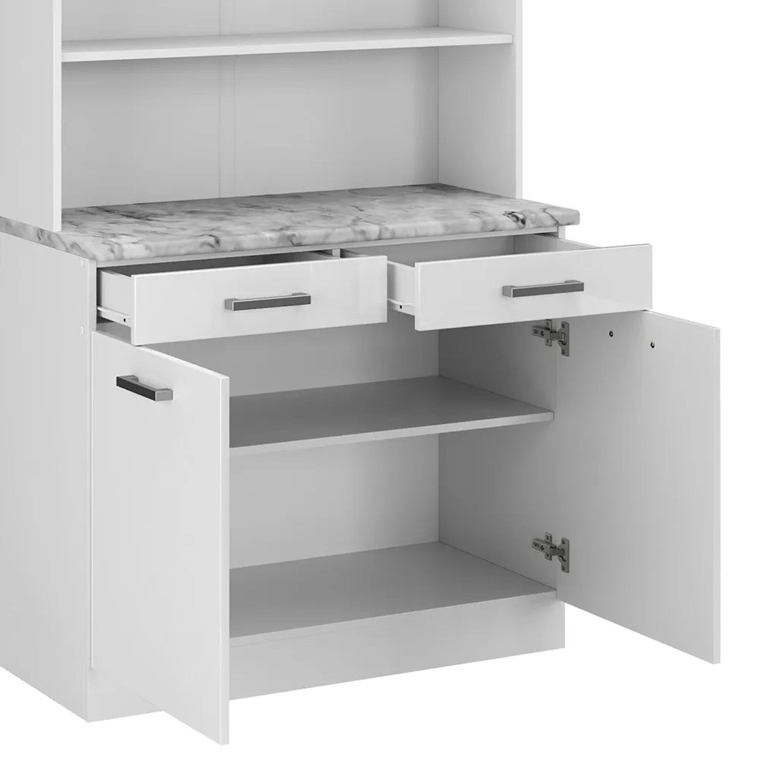 Vicco R-Line Küchenblock, 100 cm, Weiß Hochglanz, Arbeitsplatte in Marmoroptik, mit Schubladen und Stauraum.