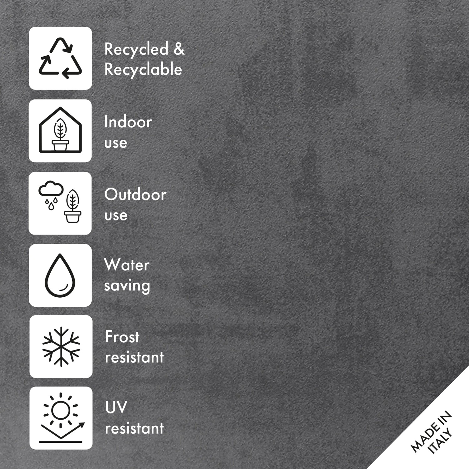 Symbole für Eigenschaften des anthrazitfarbenen Deroma Millennium Pflanztopfs: Recycelt, Frost- und UV-beständig.
