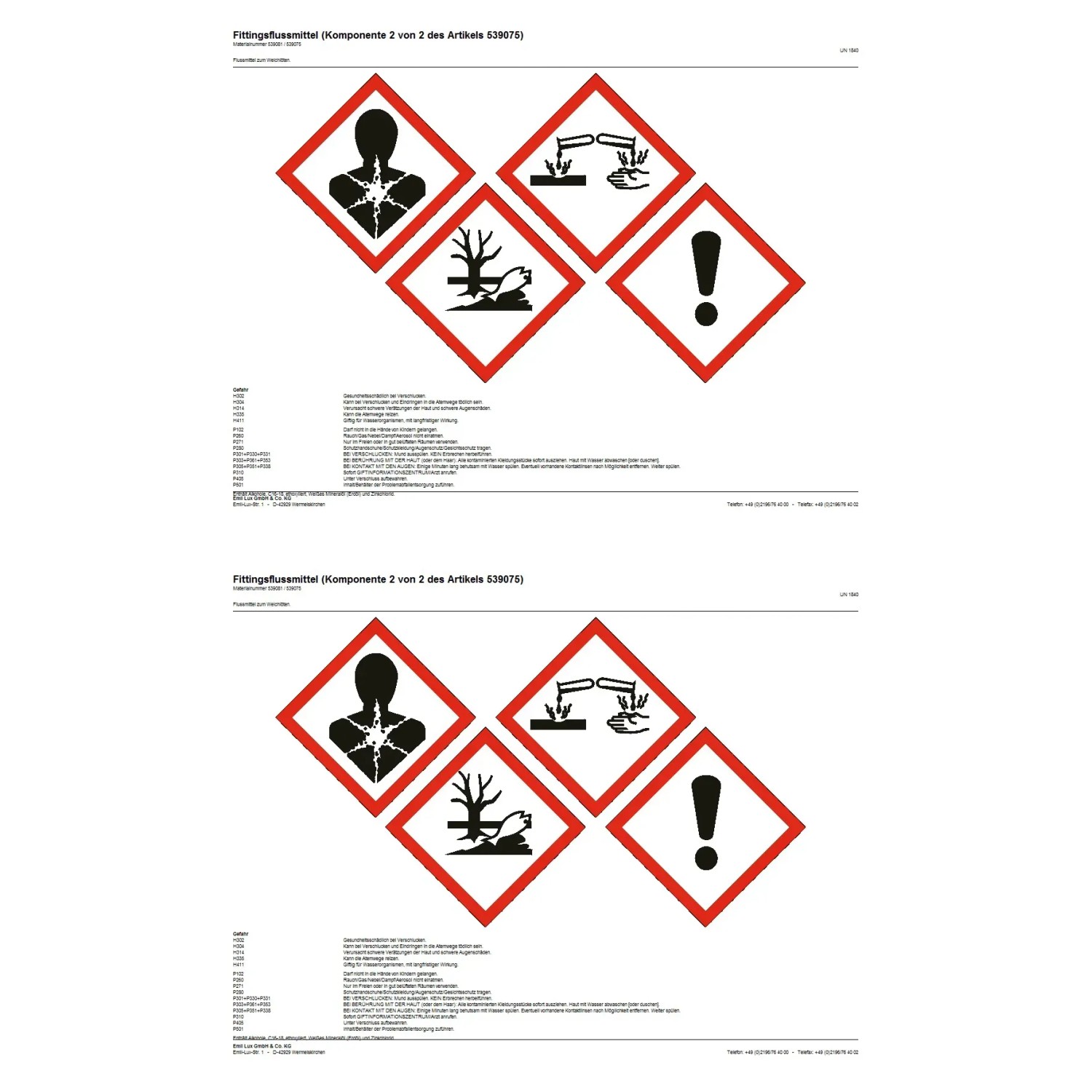 Gefahrstoffkennzeichnung: Gesundheits-, Umweltgefährdung, Ätzwirkung, Warnzeichen.