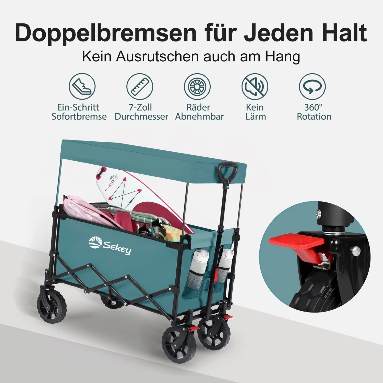 Grüner Sekey XXL Bollerwagen, faltbar, mit Dach und Gepäck für Camping.