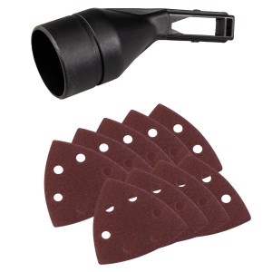 Zubehör für Einhell Deltaschleifer TC-DS 20 E: Absaugadapter und Schleifpapier-Set.
