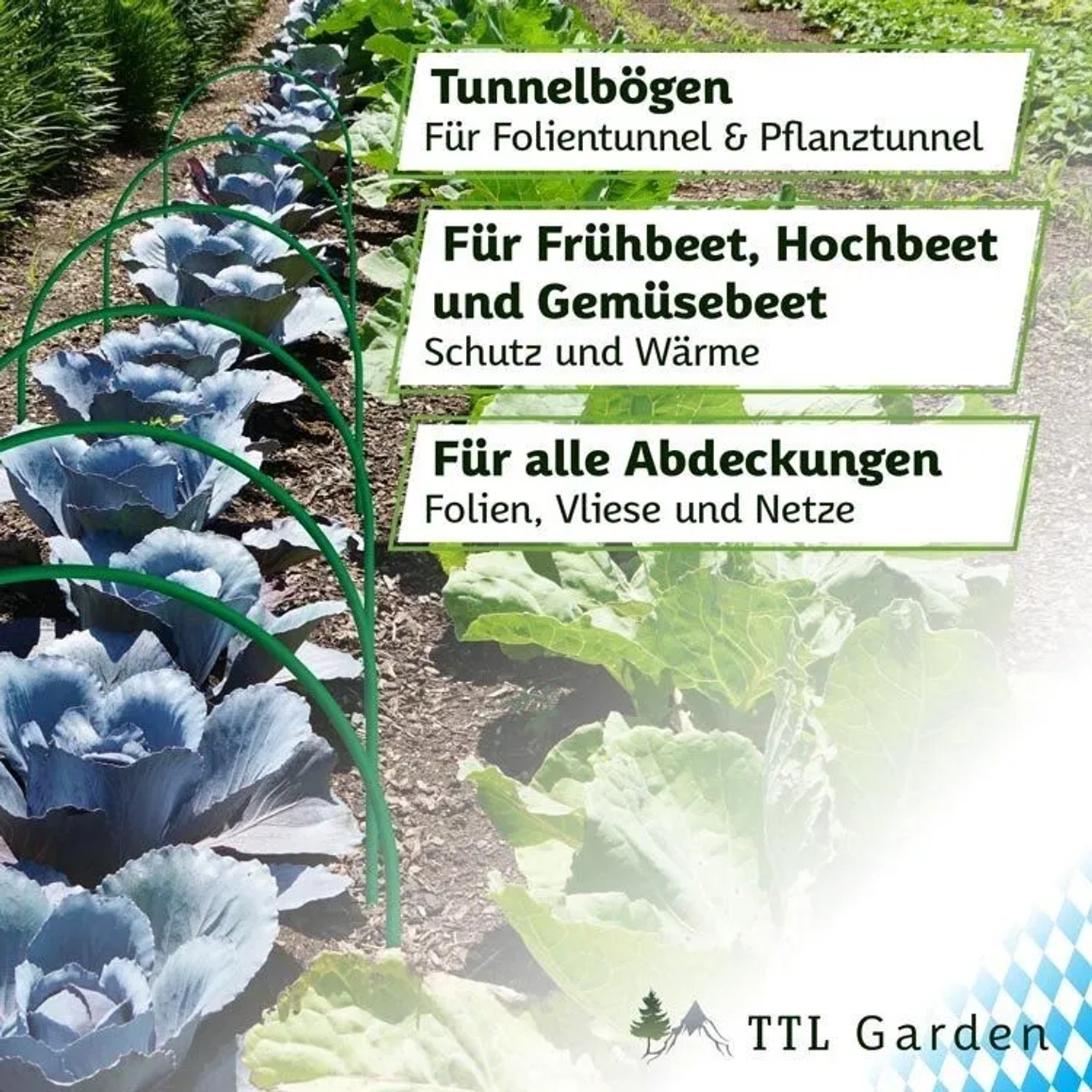 TTL GARDEN Pflanztunnel Bögen, 6er Set, im Einsatz über Gemüsebeet.