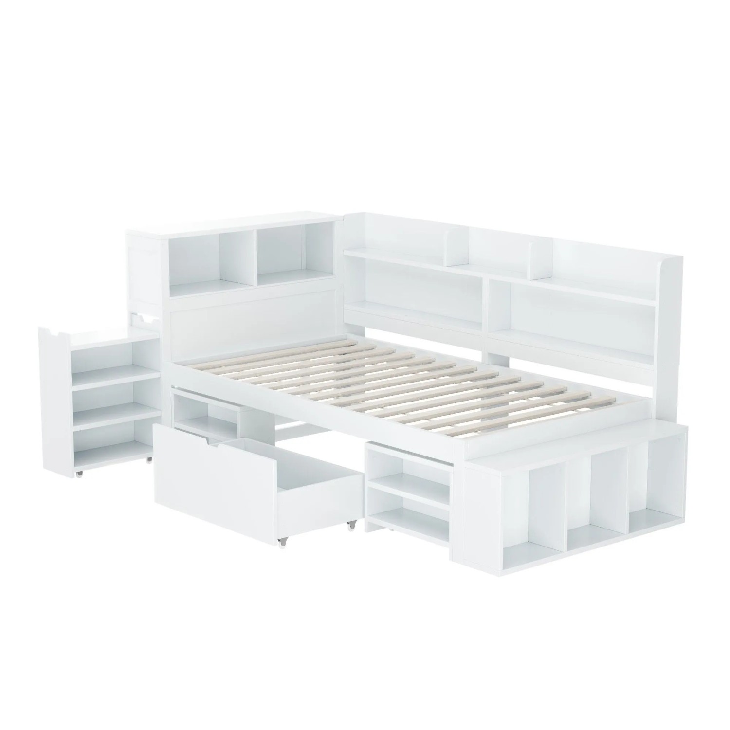 KOMHTOM Kinderbett 90x200Cm Einzelbett Mit Schubladen Bücherregal Stauschrank Und Lattenrost Weiß Ohne Matratze