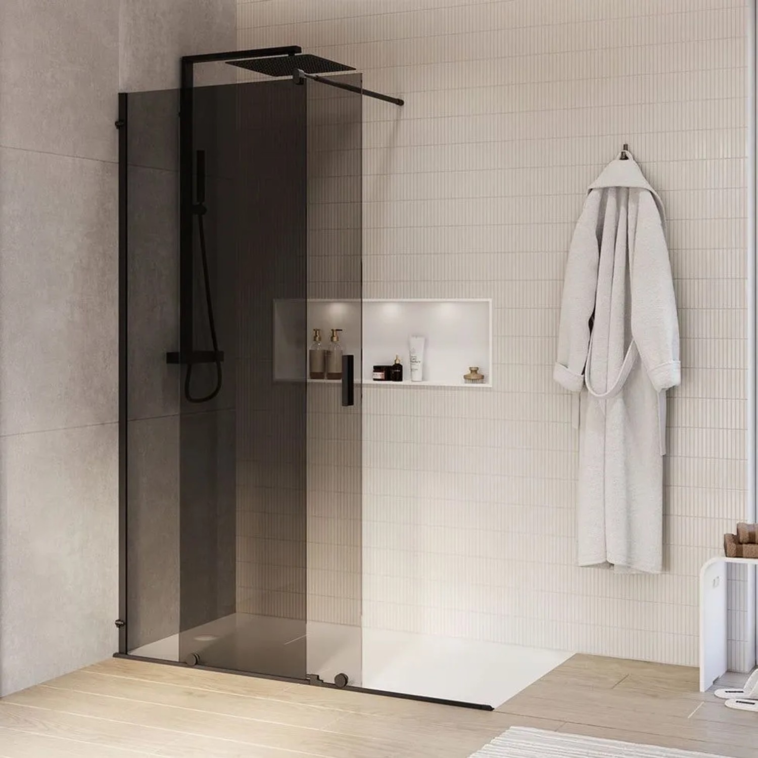 Thumbnail - Bernstein Duschabtrennung Walk-In Nano NT101 Mit Schiebetür Schwarz Matt Graues Glas 8 mm 120cm