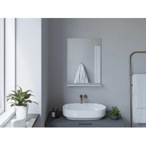 Aquabatos Badspiegel mit Ablage, silber matt, 50x70 cm. Rechteckiger Wandspiegel mit Regal im Badezimmer.