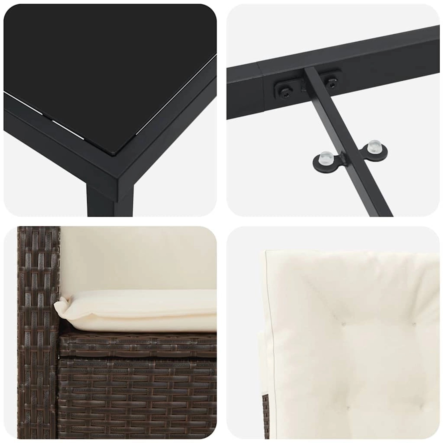 Detailansichten der braunen vidaXL Garten Essgruppe, bestehend aus Tisch mit Glasplatte und Rattan-Stühlen mit Polster.