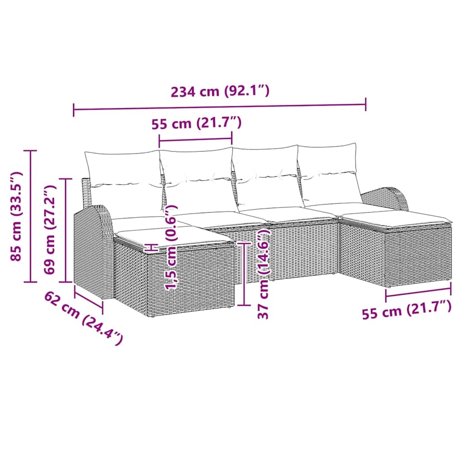 vidaXL Garten-Sofa-Set, 6-teilig, schwarz-weiß, Poly Rattan, mit Maßangaben.