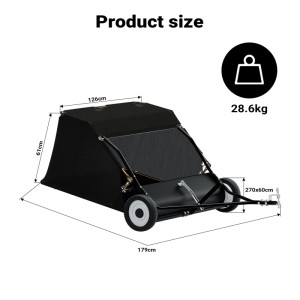 Schwarze Wiltec Rasenkehrmaschine mit 179x126x61 cm Maßen, 28.6 kg Gewicht, 105 cm Kehrbreite für Aufsitzmäher.
