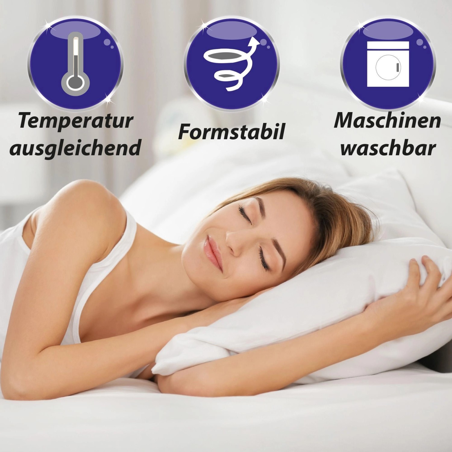 Frau schläft auf Bestlivings Kopfkissen 40x80 cm mit Mikrofaserbezug.