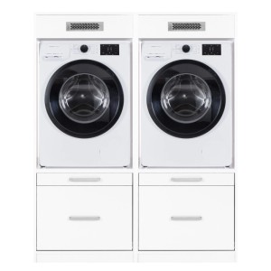 Weißes 2-teiliges Hauswirtschaftsraum Möbel-Set für Waschmaschine und Trockner, mit Schubladen und erhöhter Höhe.