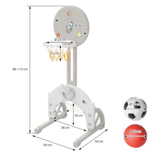 Joyz 3-in-1 Kinder Basketballkorb Set mit Fußballtor und Wurfringen, höhenverstellbar, grau-weiß.