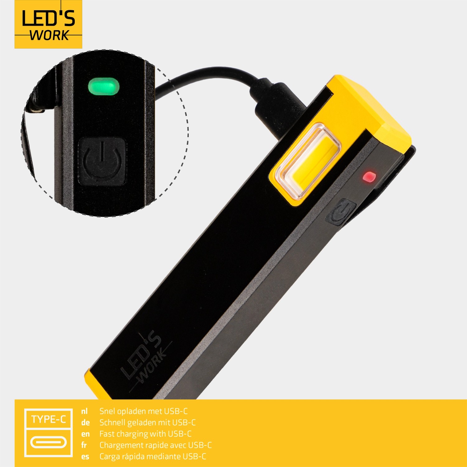 LED's Work Akku-Taschenlampe, 300lm, 5000K, IP54, dimmbar, wird per USB-C geladen.