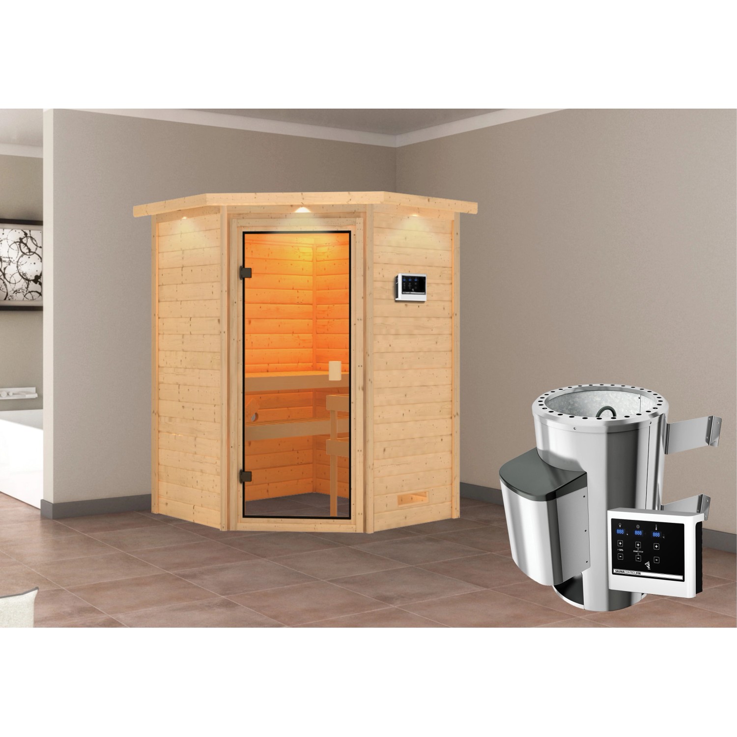 Karibu Sauna Antonia mit Ofen externe Stg.LED-Dachkranz Natur