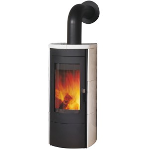 Hark Dauerbrand-Kaminofen Tiamo EX, schwarz/cremeweiß, mit Keramikverkleidung und Feuer im Brennraum.