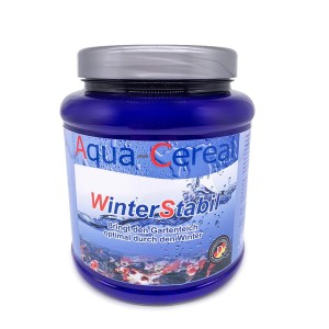 Aqua-Cereal WinterStabil 1000g im blauen Behälter für die Teichpflege.