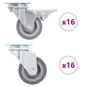 vidaXL Lenkrollen Set, 32 Stück, 50mm, grau. Möbelrollen und Apparaterollen, 16 mit Bremse.