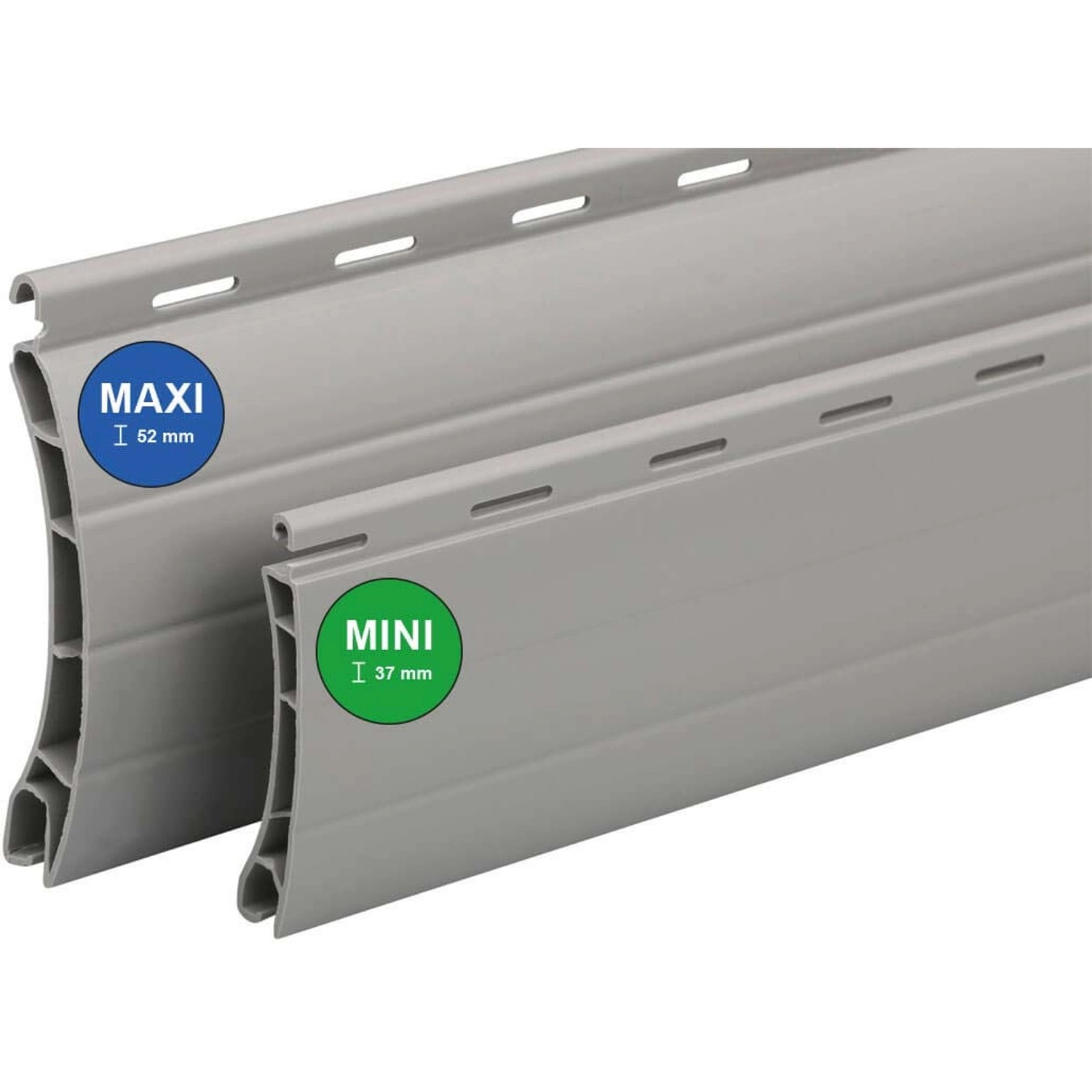 Graues Schellenberg Rollladenprofil Mini aus Kunststoff, 1,2 m lang, Detailaufnahme.