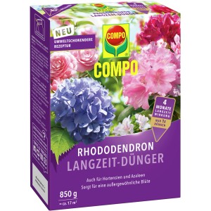 Compo Rhododendron Langzeit-Dünger 850g Packung mit Blüten-Motiven für Rhododendren, Hortensien und Azaleen.