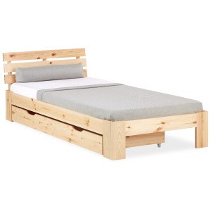 Homestyle4u Holzbett 90x200 cm mit Bettkasten in Braun. Einzelbett aus Kiefernholz mit Lattenrost.