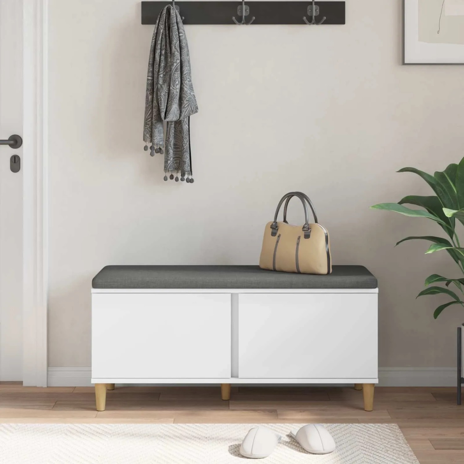 vidaXL Flurbank mit Kissen mit Speicher mit Tür Weiß 100 x 38 x 46 cm 891536_4
