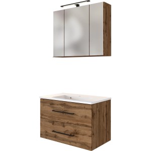 Held Möbel Waschtisch-Set Rom, 80 cm, Wotaneiche mit Spiegelschrank und LED-Leuchte.