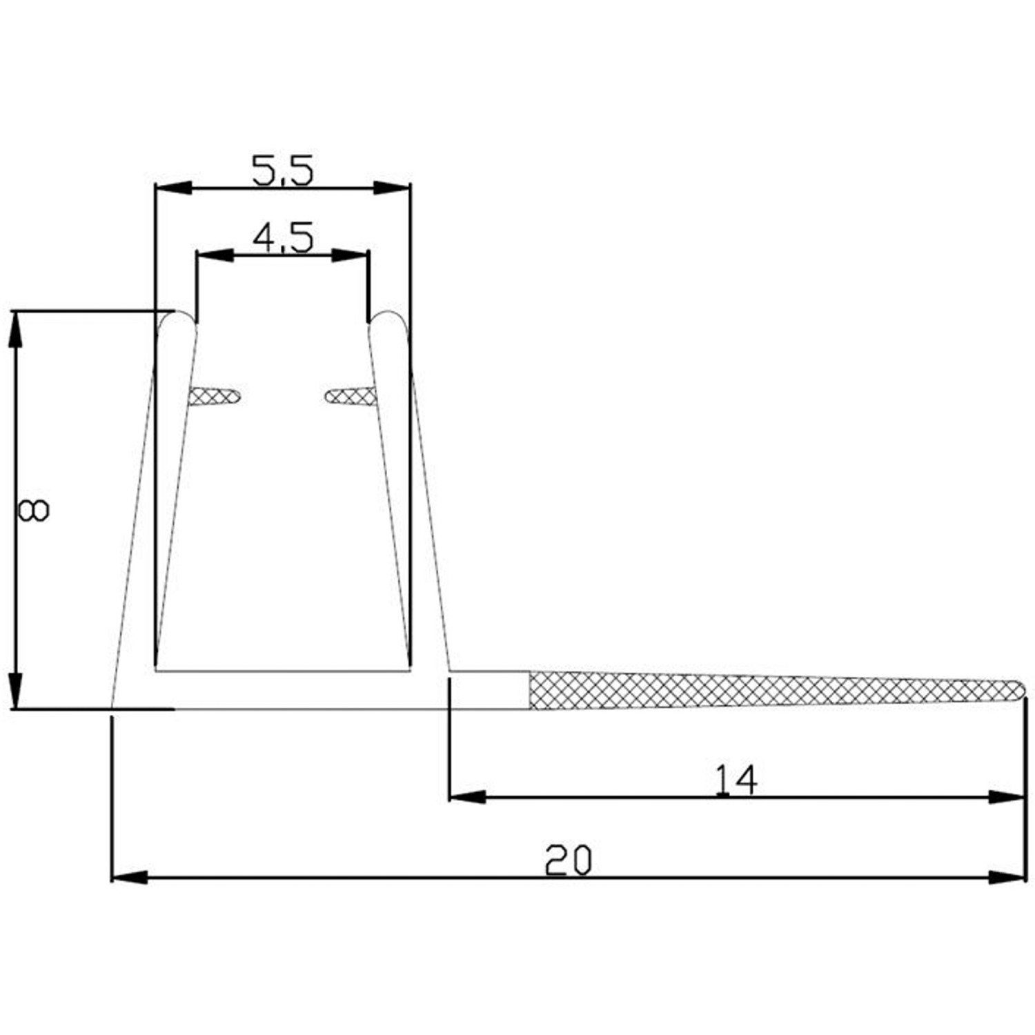Technische Zeichnung einer vertikalen Türabschlussdichtung im 2er-Set für 5 mm Glasstärke.