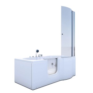 Weiße AcquaVapore Seniorendusche mit Whirlpool, Tür, Duschwand und Armaturen. Badewanne 170x85 cm.