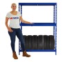 Blaues PROREGAL Reifenregal Tiger mit Reifen und 3 Ablagen, HxBxT 180x120x40 cm.