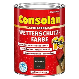 Dose Consolan Wetterschutzfarbe Kaffeebraun, seidenglänzend. Holzfarbe für Aussen, bis 10 Jahre Wetterschutz.