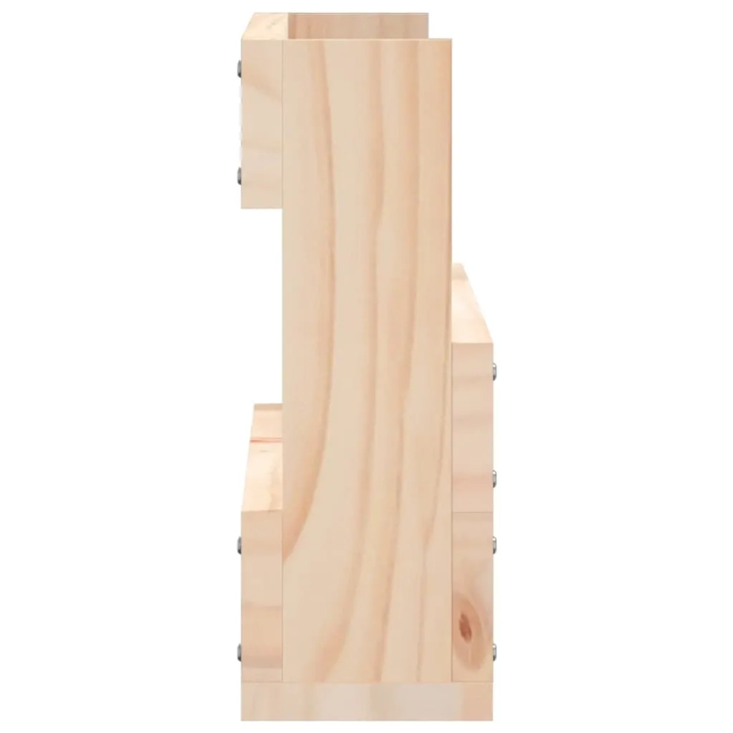 Seitenansicht eines von zwei Wand-Schuhregalen aus hellem Kiefernholz mit Holzmaserung und sichtbaren Schrauben. Schuhaufbewahrung.