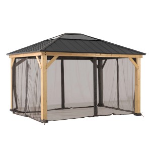 Sunjoy Zedernholz Gazebo mit Khaki-Netz, 335x393cm. Pavillon mit Moskitonetz für entspannte Stunden im Freien.