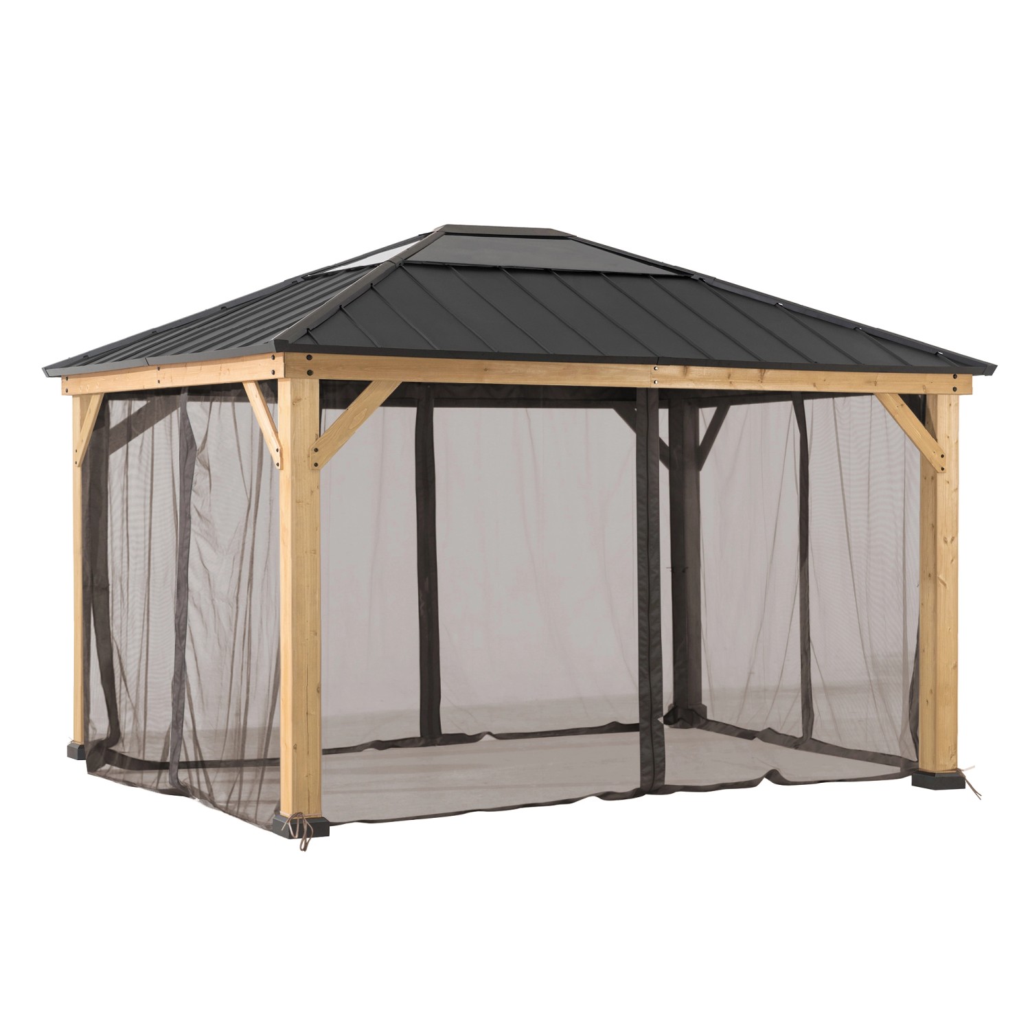 Sunjoy Zedernholz Gazebo mit Khaki-Netz, 335x393cm. Pavillon mit Moskitonetz für entspannte Stunden im Freien.
