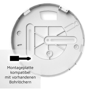 Montageplatte des Ei Electronics Funk-Rauchmelders Ei650RF, kompatibel mit vorhandenen Bohrlöchern.