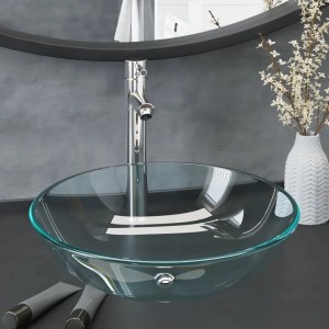 vidaXL Waschbecken mit Armatur, transparentes Glas, Chrom-Armatur. Einzelwaschtisch.