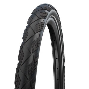 Schwarzer Schwalbe Marathon Efficiency Fahrradreifen mit markantem Profil und reflektierendem Seitenstreifen.