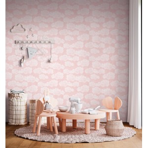 Rosa-weiße Vliestapete mit Wolkenmuster von A.S. Creation für ein liebevolles Kinderzimmer.