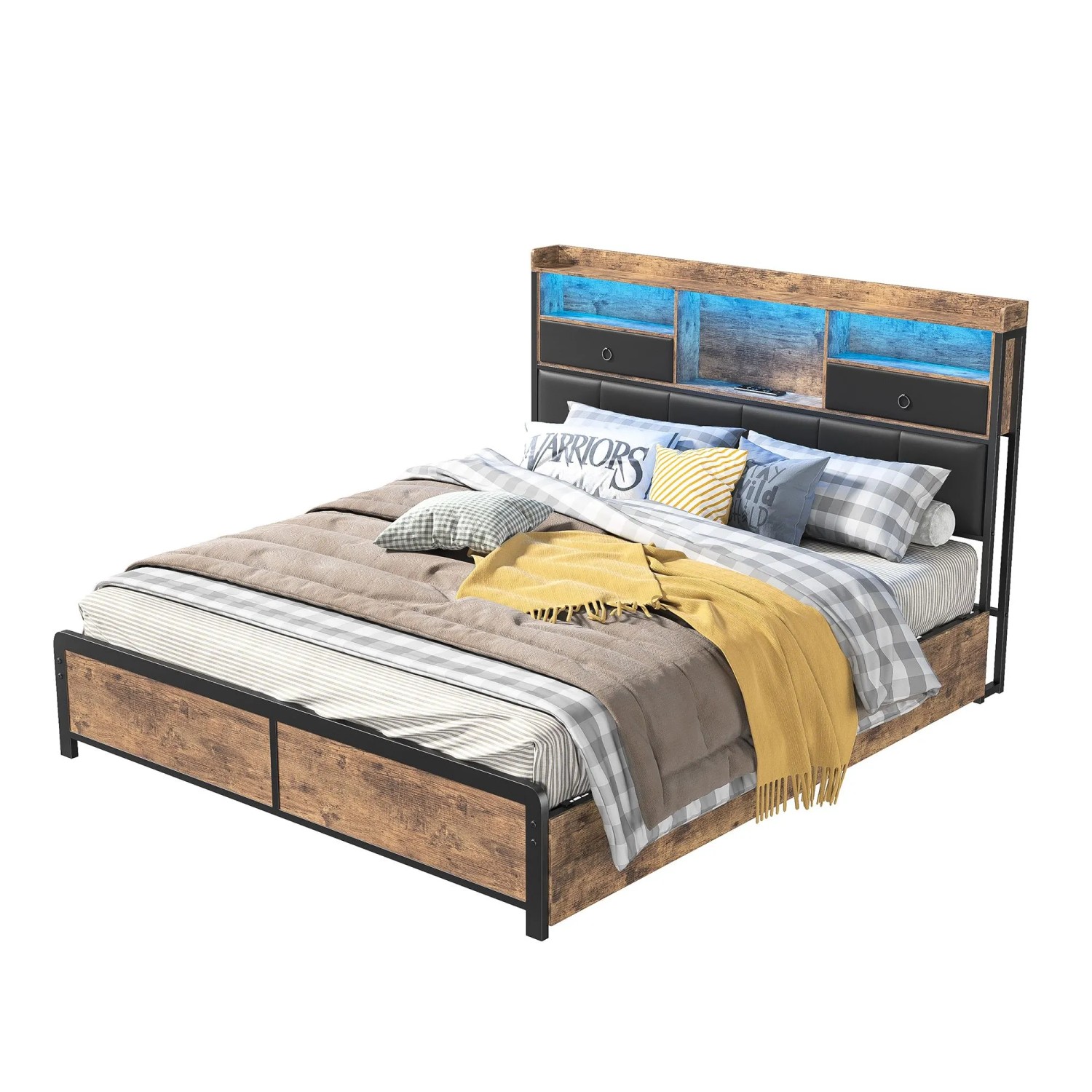 PXloue  Polsterbett mit Schubladen und Stauraum-Doppelbett mit LED und Metallrahmen
