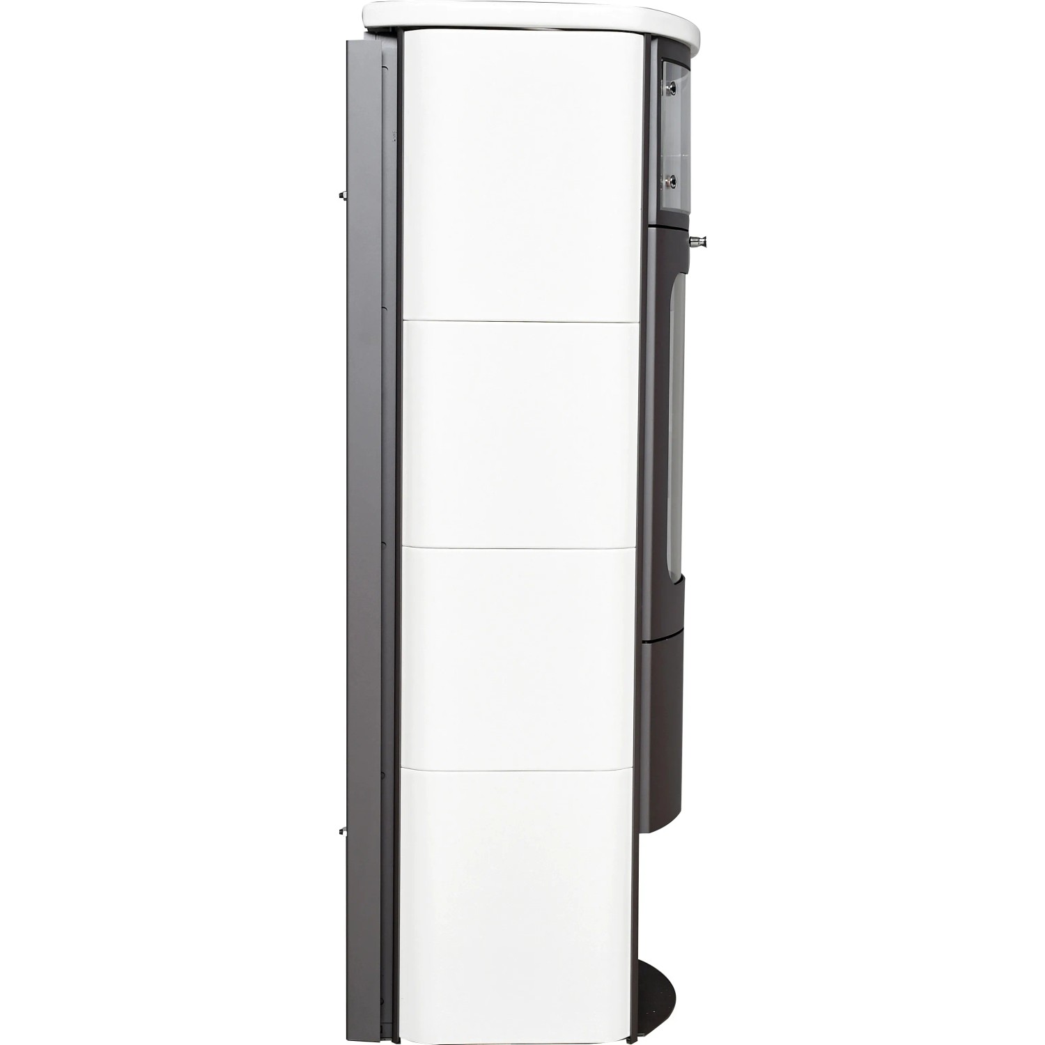 Hark Küchenofen Keramik 7 kW, Seitenansicht. Kaminofen mit Keramikverkleidung in Weiß und Grau.