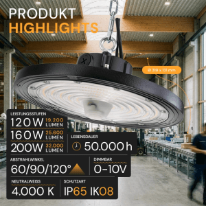 ENOVALITE LED HighBay UFO 120-200W 4000K Neutralweiß Hallenstrahler Dimmbar Verstellbarer Abstrahlwinkel IP65 Schwarz